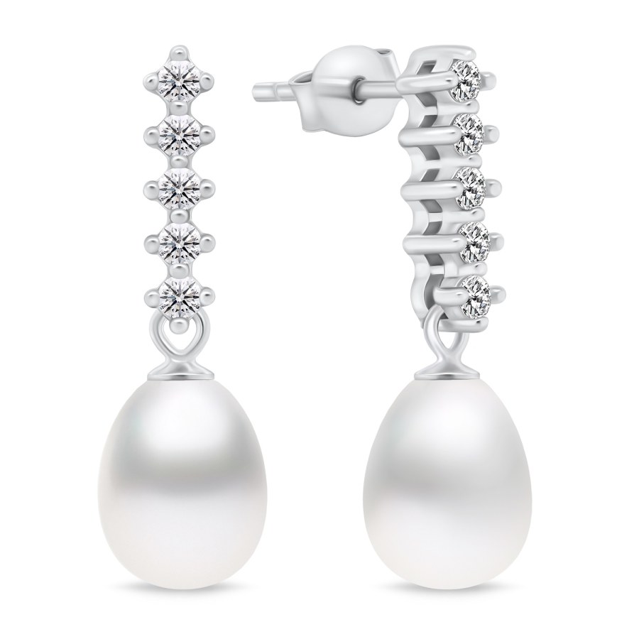 Brilio Silver Okouzlující stříbrné náušnice s perlou a zirkony EA950W - Náušnice Visací náušnice