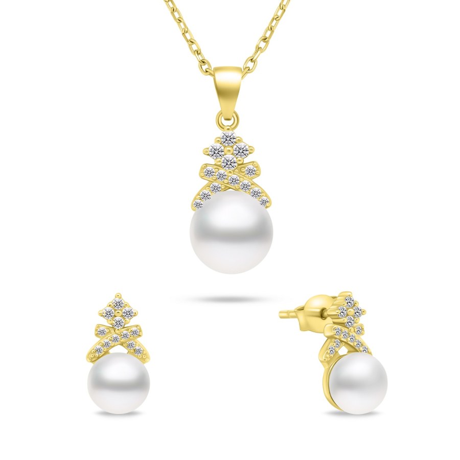 Brilio Silver Půvabný pozlacený set šperků s perlami SET238Y (náušnice, náhrdelník) - Náušnice Pecky
