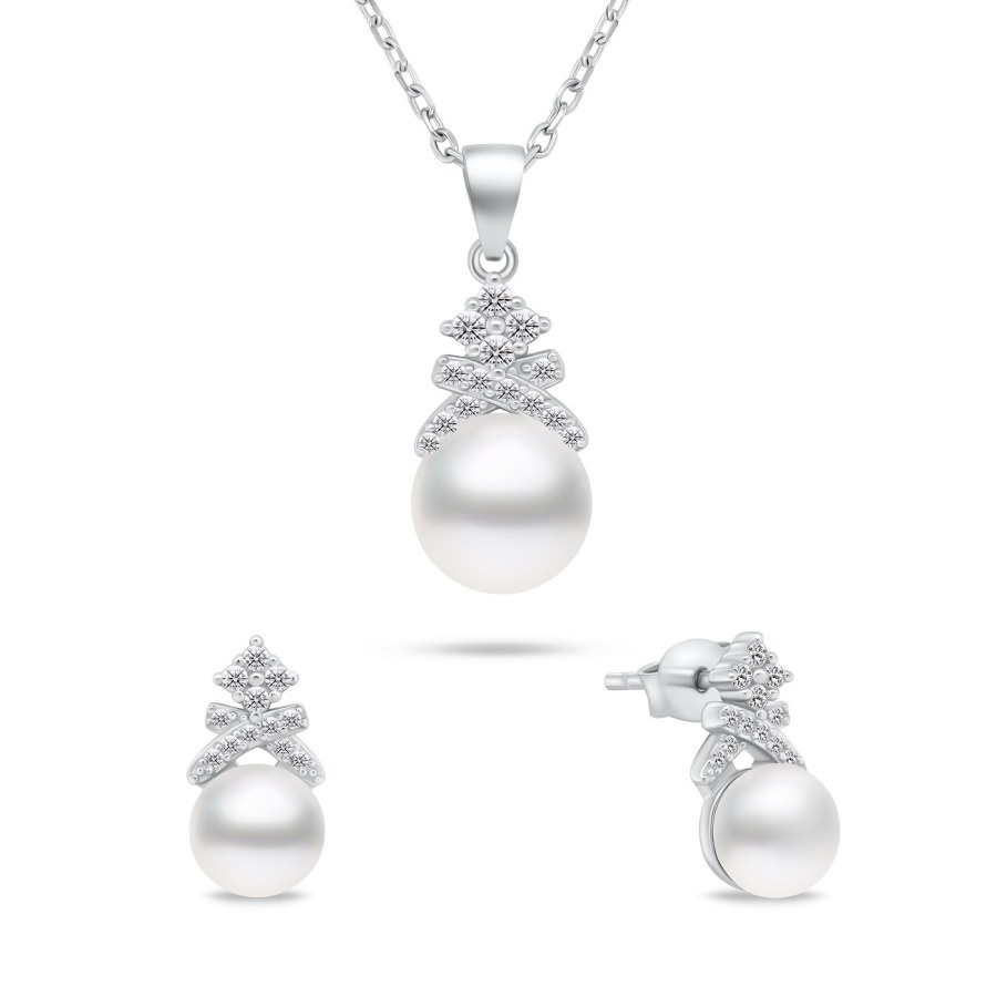Brilio Silver Půvabný stříbrný set šperků s perlami SET238W (náušnice, náhrdelník) - Náušnice Pecky