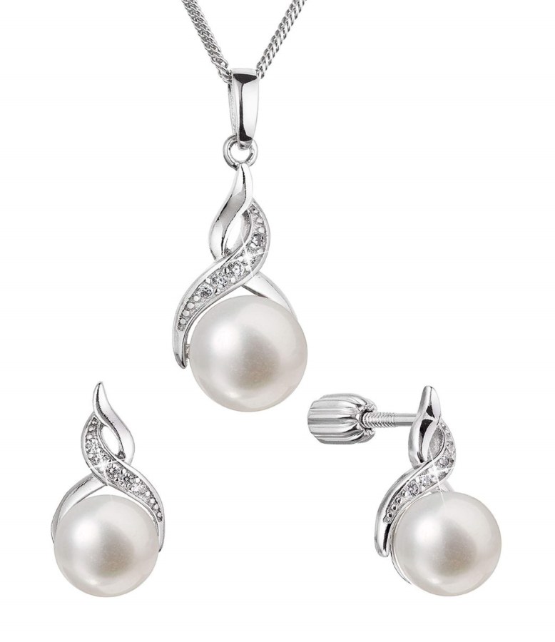 Evolution Group Luxusní stříbrná souprava s pravými perlami a zirkony 29054.1B (náušnice, řetízek, přívěsek) - Sety šperků Soupravy šperků