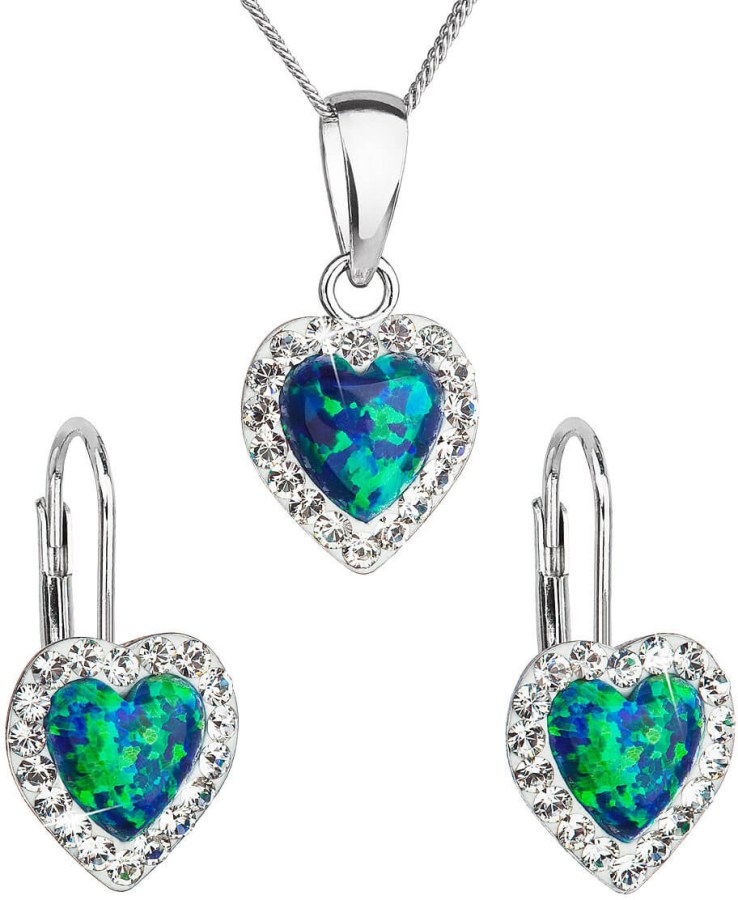 Evolution Group Srdíčková souprava šperků s krystaly Preciosa 39161.1 a  green s.opal (náušnice, řetízek, přívěsek)