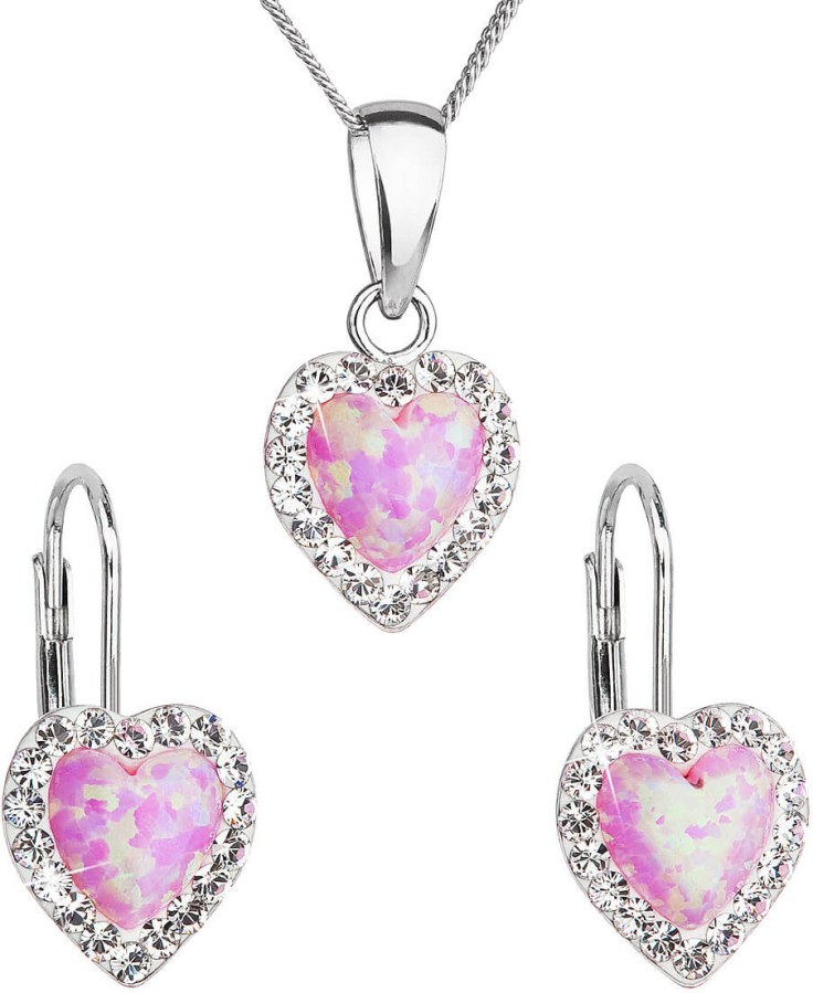 Evolution Group Srdíčková souprava šperků s krystaly Preciosa 39161.1 a  light rose s.opal (náušnice, řetízek, přívěsek)
