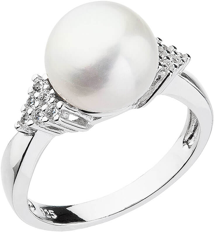 Evolution Group Stříbrný prsten s bílou říční perlou a zirkony 25002.1 52 mm - Prsteny Prsteny s kamínkem