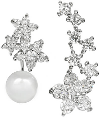 JwL Luxury Pearls Asymetrické náušnice - dvojitá náušnice s pravou bílou perlou a podélná náušnice se zirkony JL0260 - Náušnice Asymetrické náušnice