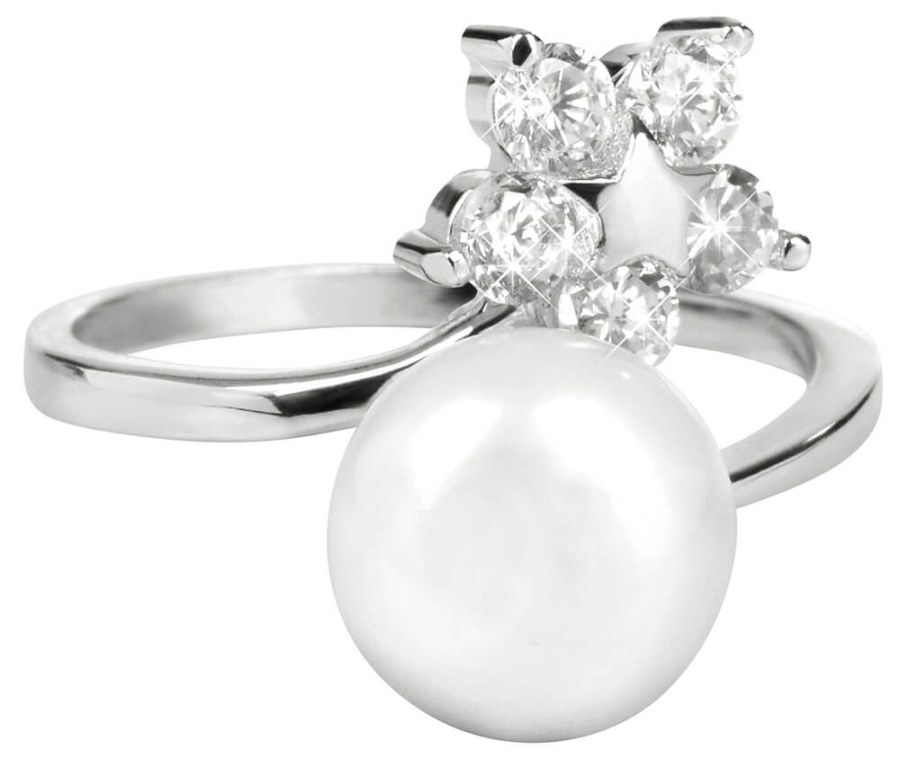 JwL Luxury Pearls Stříbrný prsten s pravou perlou a čirými krystaly JL0322 - Prsteny Prsteny s kamínkem