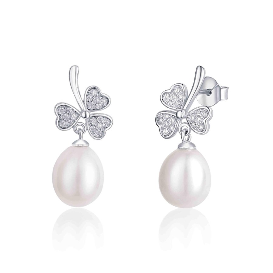 JwL Luxury Pearls Trojlístkové stříbrné náušnice s perlou a zirkony JL0618 - Náušnice Visací náušnice