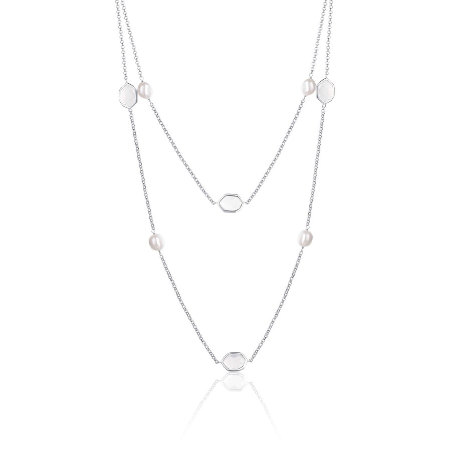 JwL Luxury Pearls Dlouhý perlový náhrdelník s hexagon krystaly JL0600 - Náhrdelníky