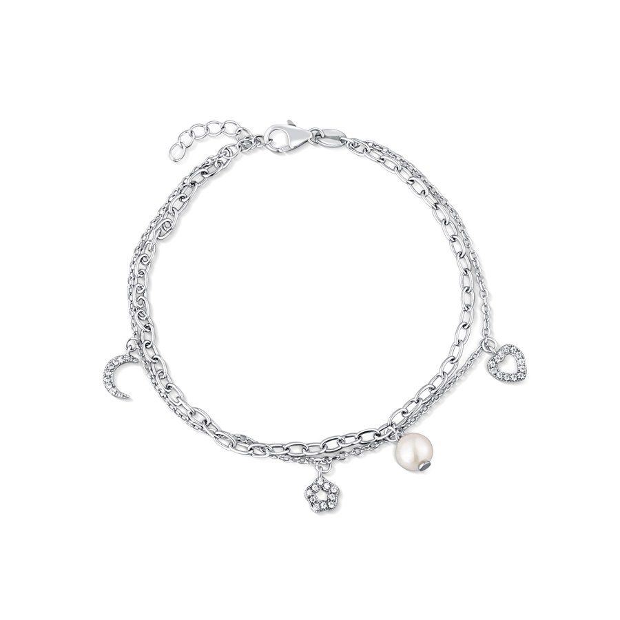 JwL Luxury Pearls Dvojitý stříbrný náramek s přívěsky a pravou perlou JL0802 - Náramky Perlové náramky