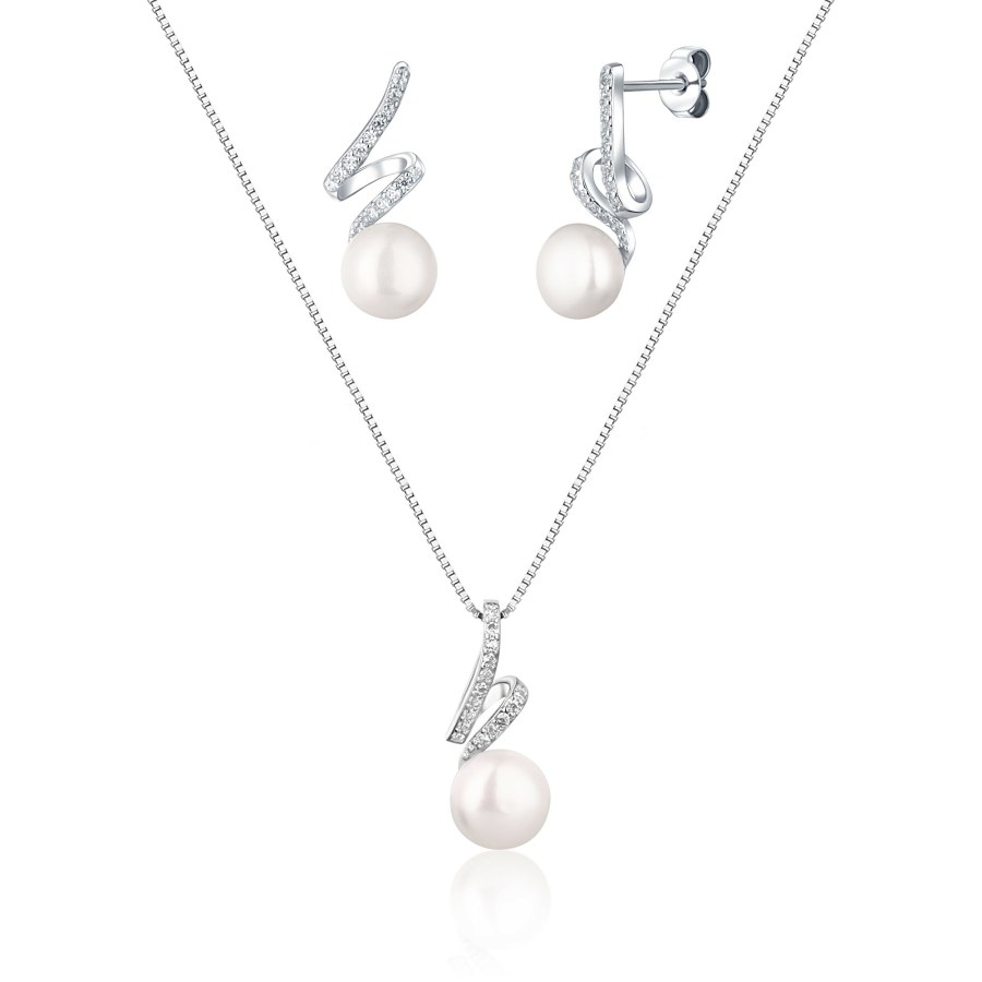 JwL Luxury Pearls Elegantní set šperků s pravou perlou a zirkony JL0746 (řetízek, přívěsek, náušnice) - Náhrdelníky