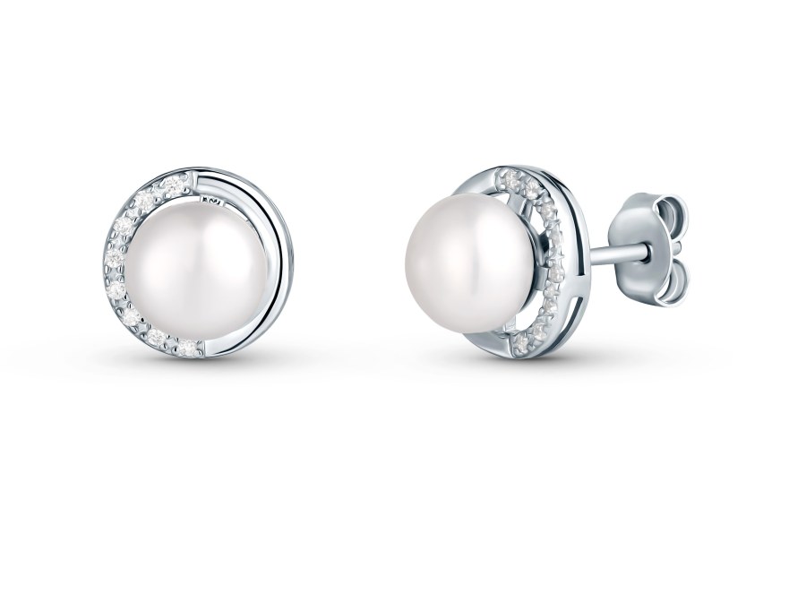 JwL Luxury Pearls Něžné stříbrné náušnice se zirkony a pravou perlou JL0832 - Náušnice Pecky