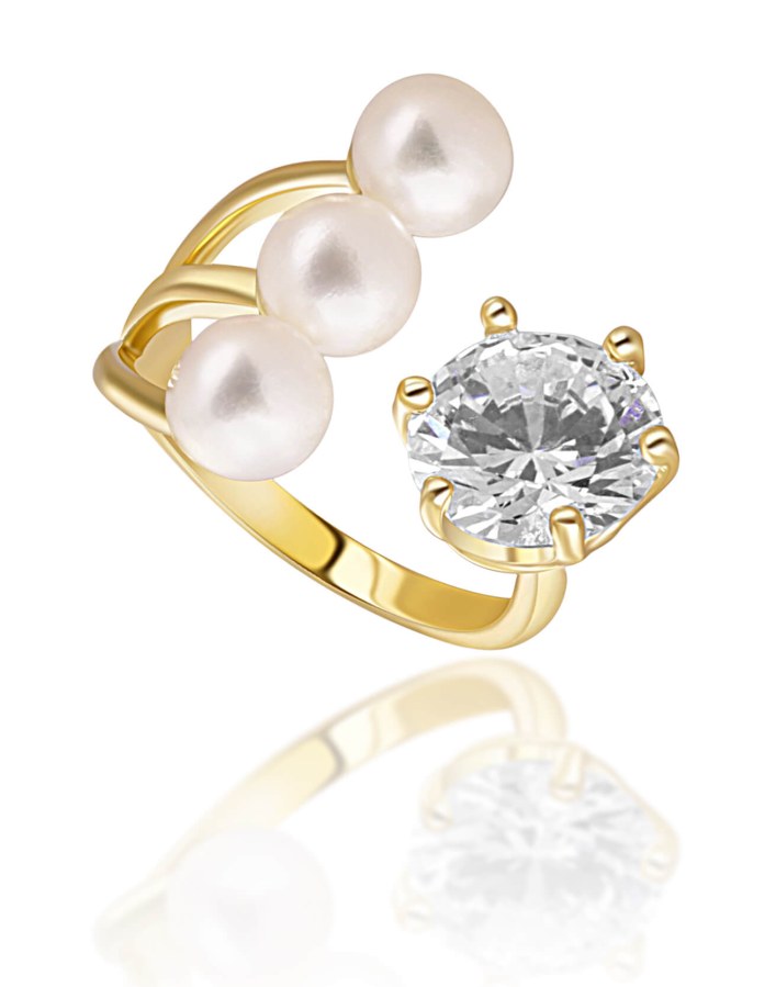 JwL Luxury Pearls Pozlacený prsten s pravými perlami a krystalem JL0694 - Prsteny Otevřené prsteny
