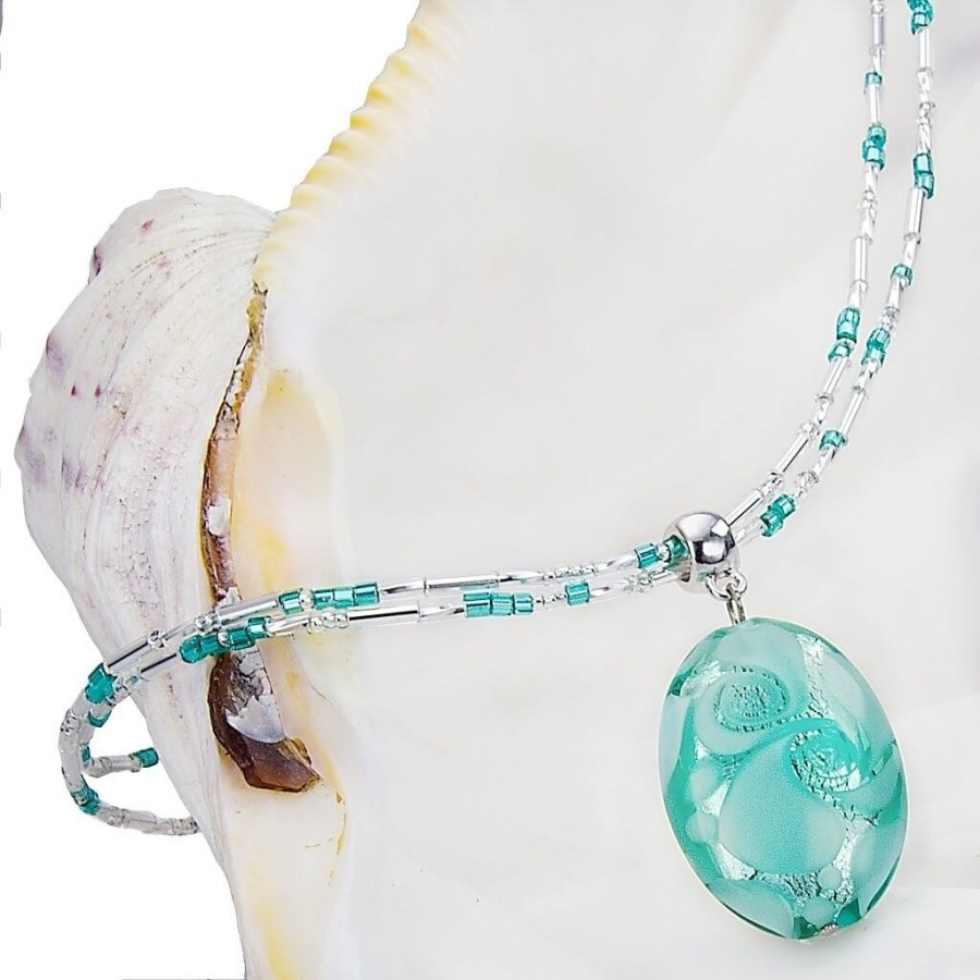 Lampglas Něžný dámský náhrdelník Turquoise Lace s perlou Lampglas s ryzím stříbrem NP5 - Náhrdelníky