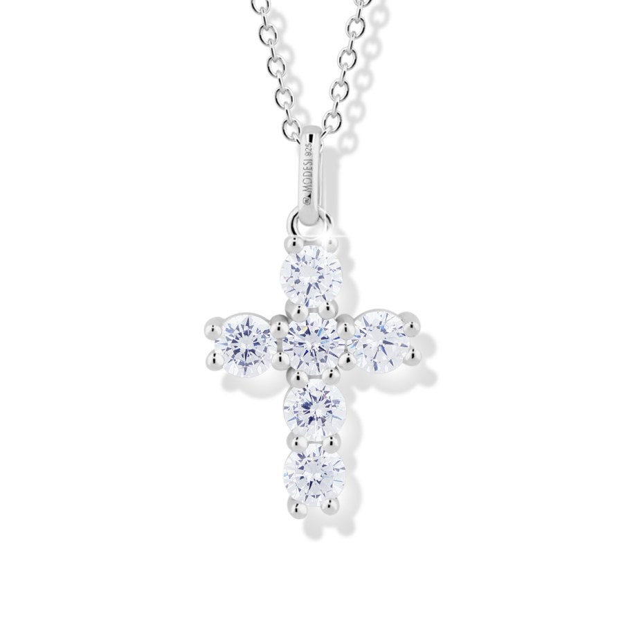 Modesi Půvabný stříbrný náhrdelník Křížek s kubickými zirkony M00541 (řetízek, přívěsek) - Náhrdelníky