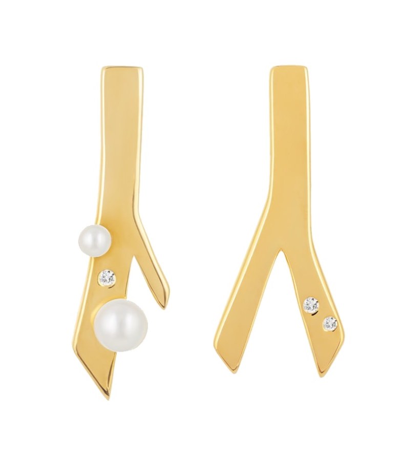 Preciosa Pozlacené asymetrické náušnice Twig s říční perlou a kubickou zirkonií Preciosa 5389Y01 - Náušnice Visací náušnice