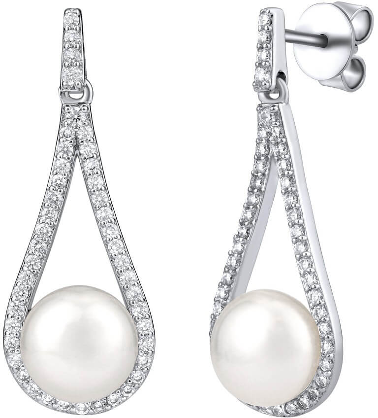 Silvego Luxusní stříbrné náušnice s pravou bílou perlou LPSGRP19233W - Náušnice Visací náušnice