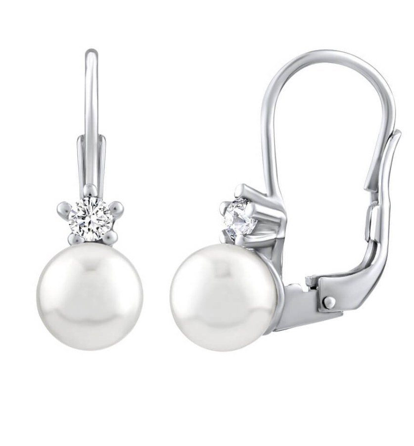 Silvego Něžné stříbrné náušnice s bílou perlou Swarovski SILVEGO35037W - Náušnice Visací náušnice