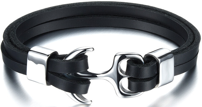 Troli Černý kožený náramek s ocelovou kotvou Leather - Náramky Náramky se symboly