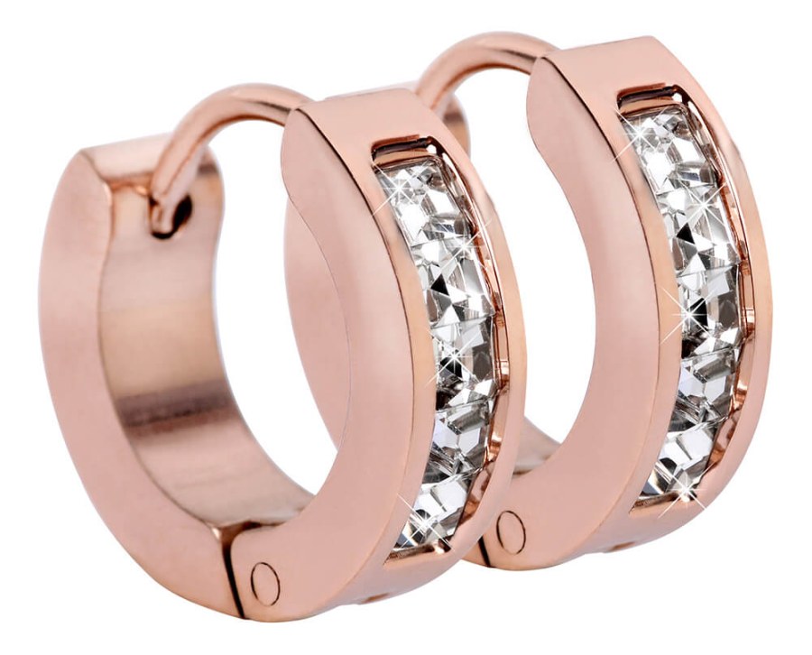 Troli Růžově pozlacené ocelové náušnice kroužky s krystaly - Náušnice Kruhy