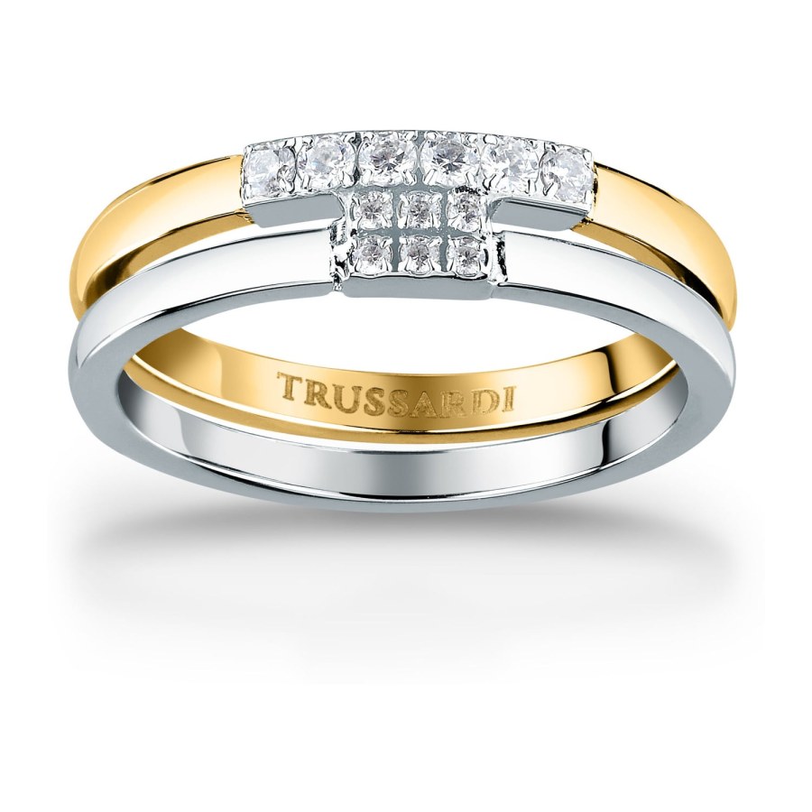 Trussardi Krásný bicolor prsten z oceli se zirkony T-Logo TJAXC41 52 mm - Prsteny Prsteny s kamínkem