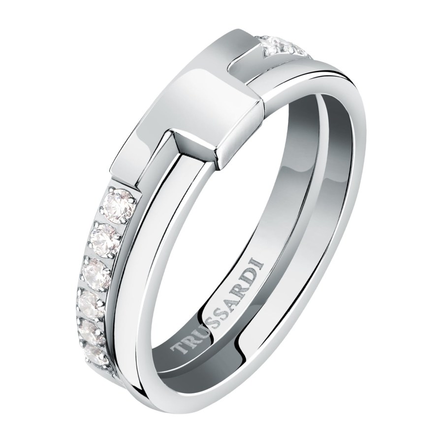Trussardi Půvabný ocelový prsten se zirkony T-Logo TJAXC42 52 mm - Prsteny Prsteny s kamínkem