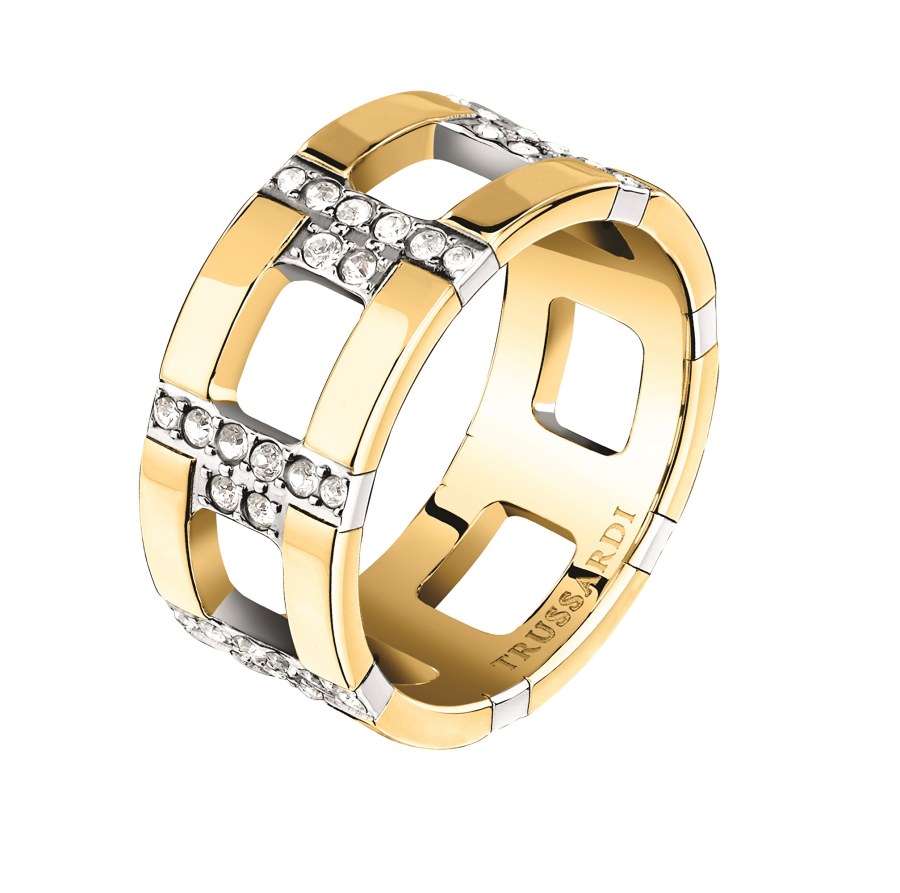 Trussardi Výrazný pozlacený prsten se zirkony T-Logo TJAXC38 54 mm - Prsteny Prsteny s kamínkem