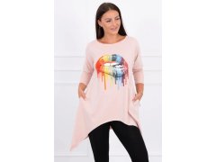 Oversize halenka s potiskem duhových rtů tmavě pudrově růžová