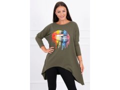Oversize halenka s duhovým potiskem rtů v barvě khaki