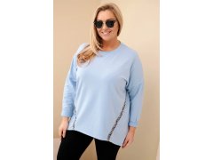 Dámská košile Plus Size bavlněná s ohrnovaným rukávem a leopardím pruhem modrá