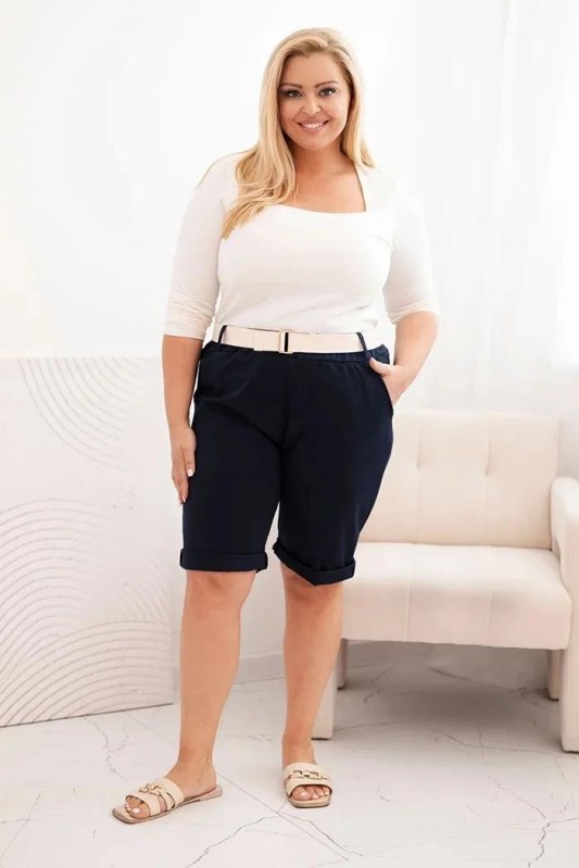 Dámské bavlněné šortky Plus Size s&nbsp;páskem tmavě modrá - Dámské oblečení Ženy kraťasy