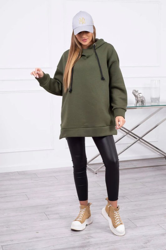 Dámská zateplená mikina s&nbsp;kapucí 9380 Khaki zelená - K-Fashion - Dámské oblečení Ženy mikiny