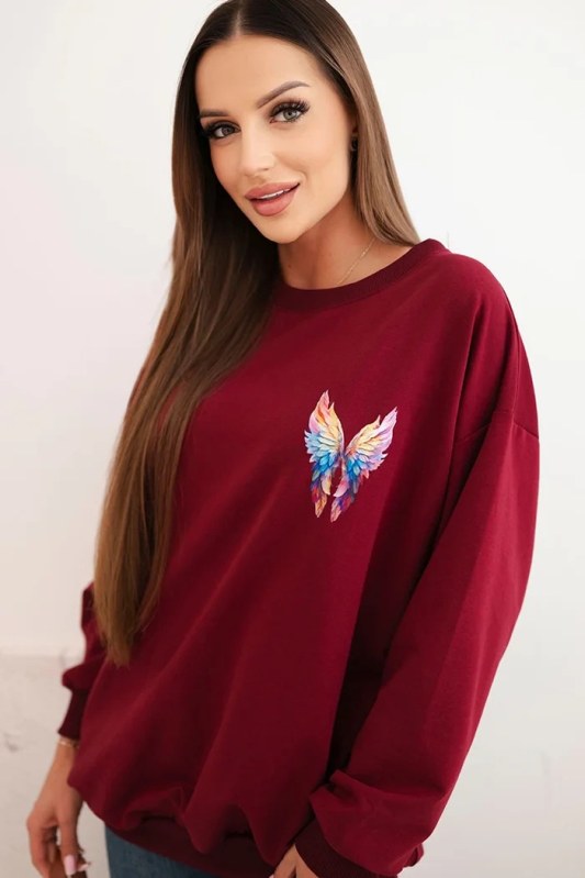 Dámská oversized mikina z bavlny s barevnými křídly na zádech bordová