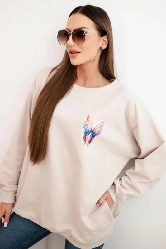 Dámská oversized mikina z bavlny s barevnými křídly na zádech béžová