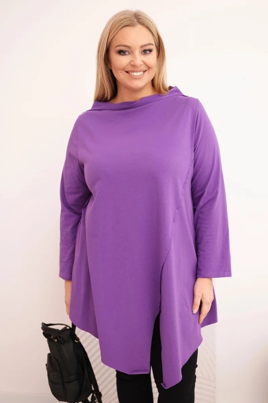 Dámská bavlněná blůza Plus Size asymetrická s ohrnovaným rukávem fialová