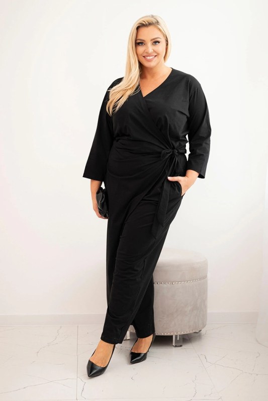 Dámský bavlněný overal Plus Size s vázáním v pase a 3/4 rukávem černý