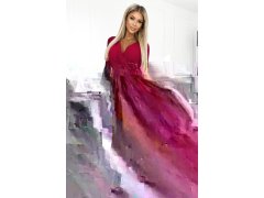 414-9 KLARA plisované šaty s páskem a výstřihem - bordó