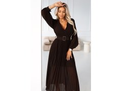 414-11 KLARA plisované elegantní midi šaty s páskem a výstřihem - čokoládové