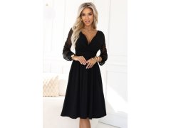 657-1 Elegantní midi šaty s&nbsp;obálkovým výstřihem a&nbsp;tylovými rukávy - černé