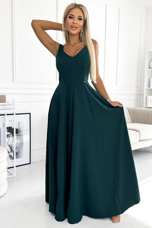 246-5 CINDY dlouhé elegantní šaty s&nbsp;výstřihem - ZELENÉ - Dámské oblečení Ženy šaty