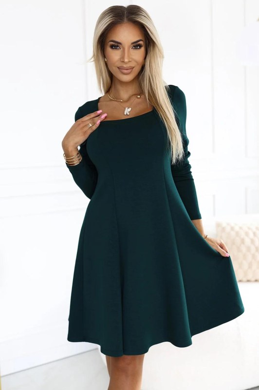 574-1 IVANA pohodlné trapézové šaty s výstřihem a dlouhými rukávy - BOTTLE GREEN
