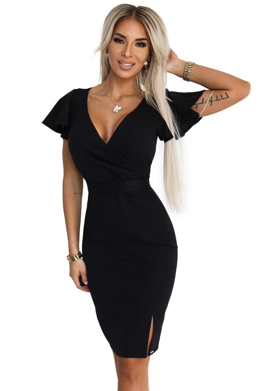 479-9 NINA elegantní šaty s&nbsp;obálkovým výstřihem, rukávy a&nbsp;páskem - ČERNÁ - Dámské oblečení Ženy šaty