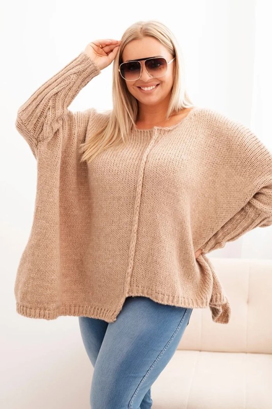 Dámský svetr Plus Size z akrylu volného střihu s 3/4 rukávem camelový