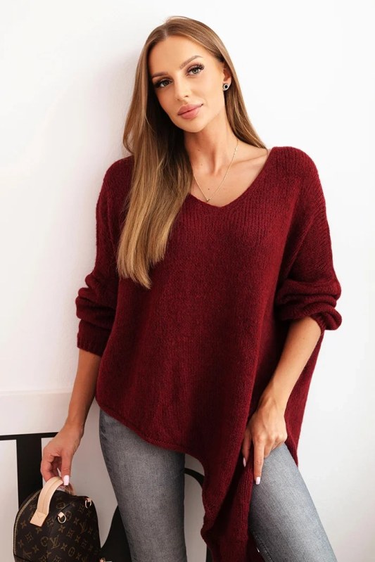 Dámský asymetrický svetr z vlny Plus Size s výstřihem do V bordový