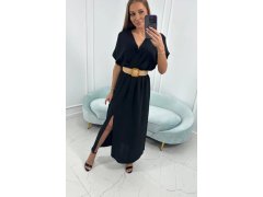 Dlouhé šaty s&nbsp;ozdobným páskem 6012F černé - Kesi 6