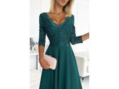AMBER - Elegantní dlouhé dámské krajkové šaty v lahvově zelené barvě s výstřihem 309-5 8