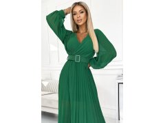 414-3 KLARA plisované šaty s&nbsp;páskem a&nbsp;výstřihem - SVĚTLE ZELENÉ 4