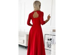 309-8 AMBER krajkové elegantní dlouhé šaty s&nbsp;výstřihem a&nbsp;rozparkem na nohou - ČERVENÉ 8