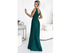 490-3 SUSAN Dlouhé brokátové šaty s výstřihem a prošíváním v pase - BOTTLE GREEN 5