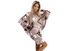 402-8 Svetr pohodlné netopýří šaty s&nbsp;výstřihem - béžové s&nbsp;černobílým vzorem 2