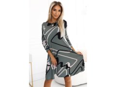 576-1 Svetrové trapézové šaty s&nbsp;páskem - OLIVE v&nbsp;černo-béžovém vzoru 3