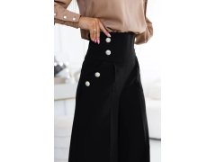 496-2 Elegantní široké kalhoty s kapsami, vysokým sedem a zlatými knoflíky - ČERNÁ 8